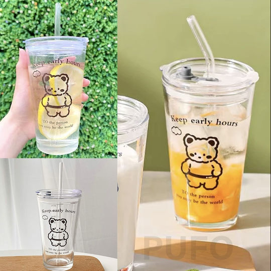 Pufo Bear Transparente Glas Tasse Kaffee Mit Deckel 450 Ml