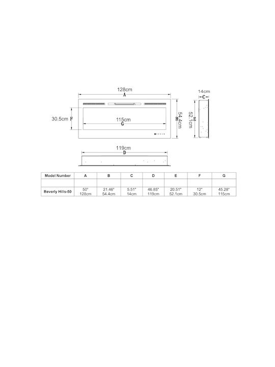 Hitense Wall Mounted Electric Fireplace 1600W 128x14cm Black
