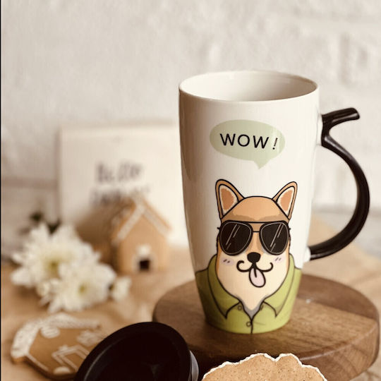 Stylish Ceramic High Mug Lid Pufo Coffee Tea 450 Ml