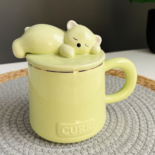 Keramiktasse mit Deckel Löffel Pufo Sleepy Bear Kaffee Tee 320 ml Grünes