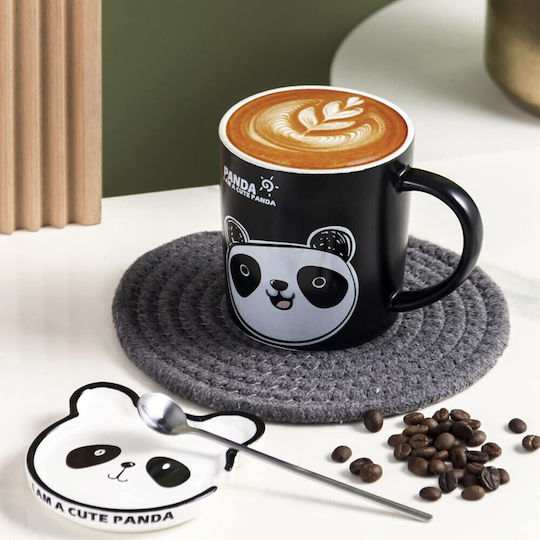 Ceramic Mug Lid Spoon Pufo Happy Panda Coffee Tea 300 Ml