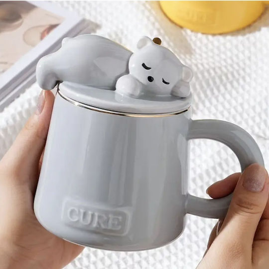 Ceramic Mug Lid Spoon Pufo Sleepy Bear Coffee Tea 320 Ml Gray