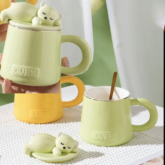 Keramiktasse mit Deckel Löffel Pufo Sleepy Bear Kaffee Tee 320 ml Grünes