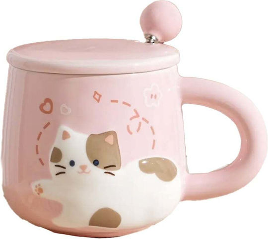 Ceramic Mug Lid Spoon Pufo Happy Kitty Coffee Tea 350 Ml Pink Ceramic Mug Lid Spoon Pufo Happy Kitty Coffee Tea 350 Ml Pink