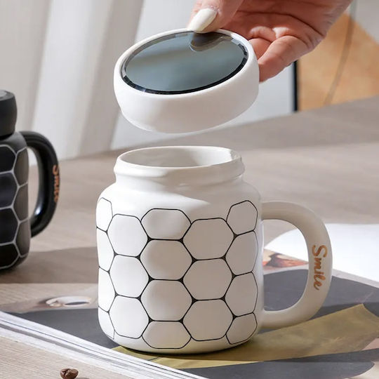 Keramische Tasse Mit Deckel Pufo Simply Smile Kaffee Tee 400 ml Weiß