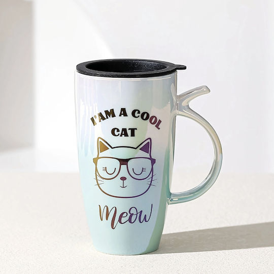 Cana Înaltă Ceramică Cu Capac Pufo Cool Cat Cafe Ceai 450 Ml