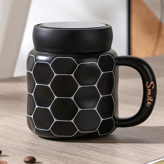 Keramische Tasse Mit Deckel Pufo Simply Smile Kaffee Tee 400 ml Schwarze