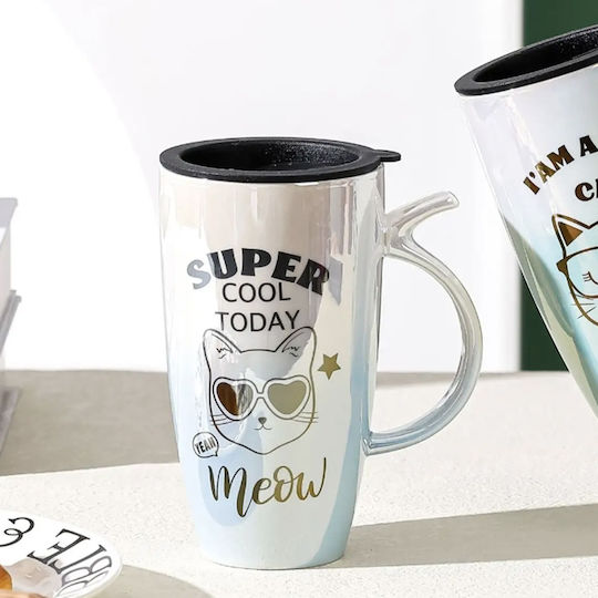 Cana Ceramică Înaltă Cu Capac Pufo Cool Today Cafea Ceai 450 Ml