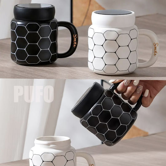 Keramische Tasse Mit Deckel Pufo Simply Smile Kaffee Tee 400 ml Weiß
