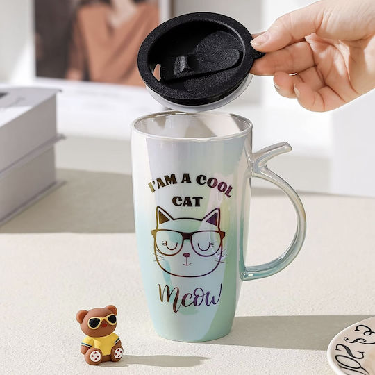 Cana Înaltă Ceramică Cu Capac Pufo Cool Cat Cafe Ceai 450 Ml