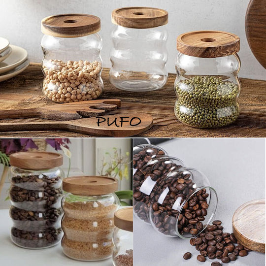 Borosilikatglas-Behälter Pufo Gewürz Zucker Kaffee Tee Gewürze Holzdeckel 600 Ml