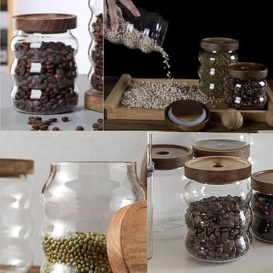 Borosilikatglas-Behälter Pufo Gewürz Zucker Kaffee Tee Gewürze Holzdeckel 600 Ml