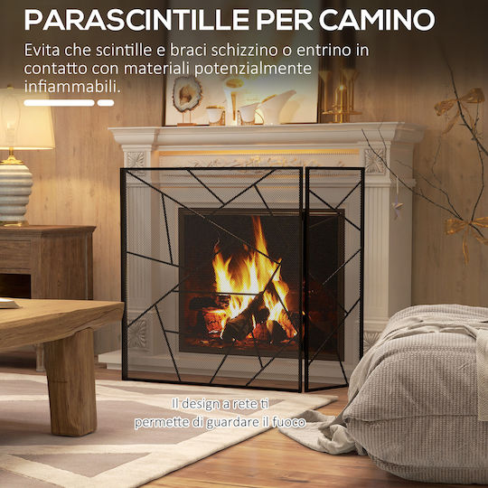HomCom Metallic Fireplace Screen with Panels 135x85cm Black