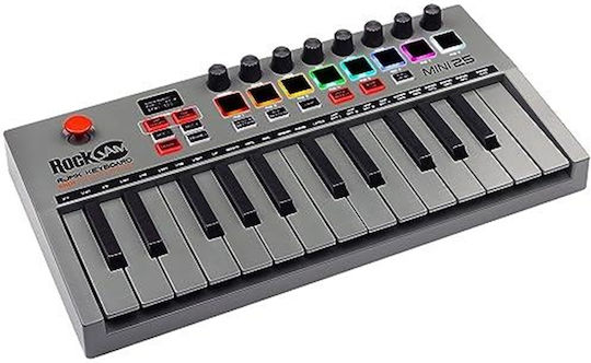 Rockjam Go 25-клавишен USB и Bluetooth MIDI клавиатурен контролер с 8 подсветени барабанни падове и 8 копчета