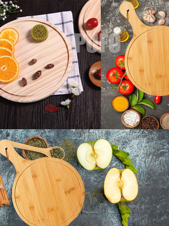 Round Bamboo Wooden Serving Platter with Handle for Food Appetizers and Pizza 38 cm Brown