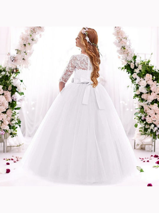 Rochie Fete Mânecă Lungă Din Tulle Pentru Domnișoarele De Onoare Florale Set Cu Accesorii Alb