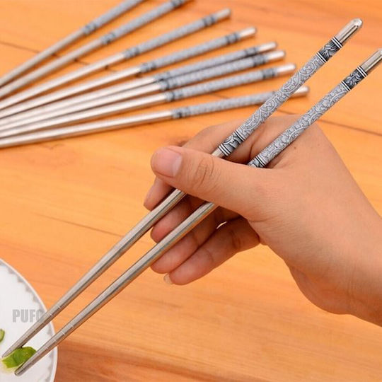 Set 5 Pairs Premium Puff Metal Bețișoare Din Oțel Sushi 22 Cm Argintiu