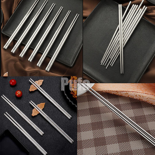 Set 5 Pairs Fluffy Metal Chopsticks Made Steel Sushi 22 Cm Silver