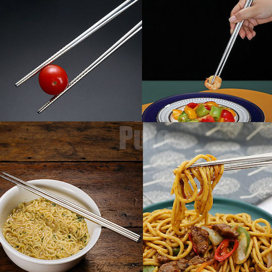 Set 5 Pairs Fluffy Metal Chopsticks Made Steel Sushi 22 Cm Silver