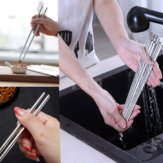 Set 5 Pairs Fluffy Metal Chopsticks Made Steel Sushi 22 Cm Silver