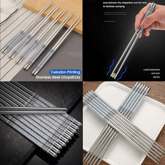 Set 5 Pairs Premium Puff Metal Bețișoare Din Oțel Sushi 22 Cm Argintiu