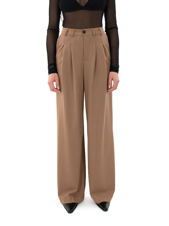 MY T Women's High-waisted Fabric Trousers with Elastic in Wide Line coffee