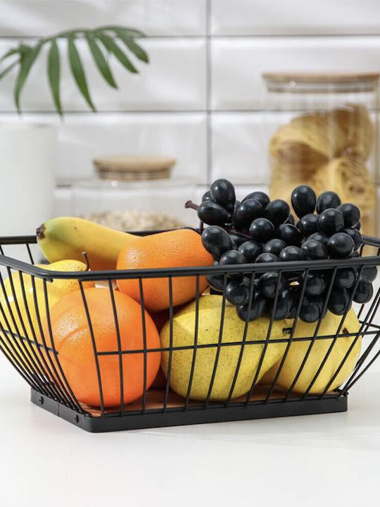Bol de Fructe Metalic cu Bază din Bambus, Rectangular 28 x 22.5 cm Negru