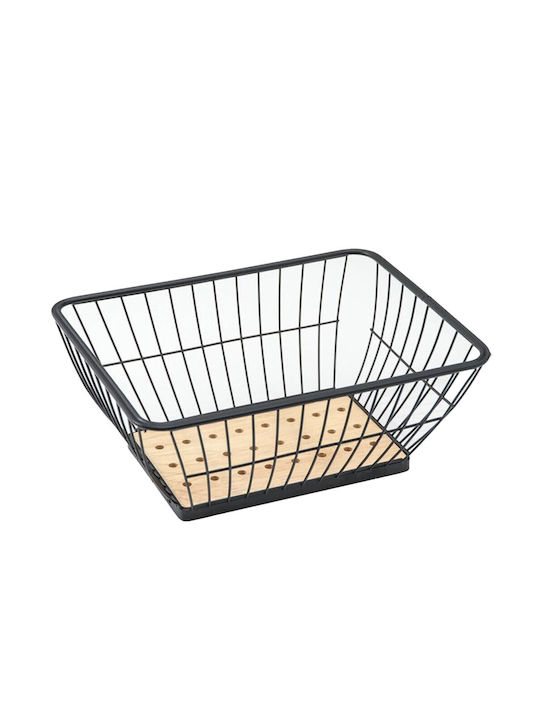 Bol de Fructe Metalic cu Bază din Bambus, Rectangular 28 x 22.5 cm Negru