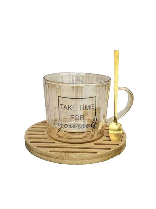 Glas Tasse Bambusholz Halter Pufo Take Time Löffel Kaffee Tee 200 Ml