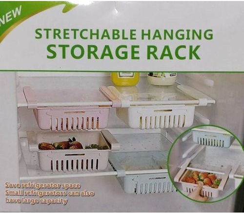 Stretchable Hanging Storage Rack Adjustable Kitchen Fridge Storage Rack Food Container Refrigerator Drawer Storage Boxes Rack Retractable Shelf Home Organizer White