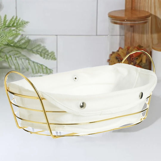 Coș de Pâine Metalic Oval pentru Bucătărie cu Capac Detachabil din Material Textil 27 X 20 Cm Auriu