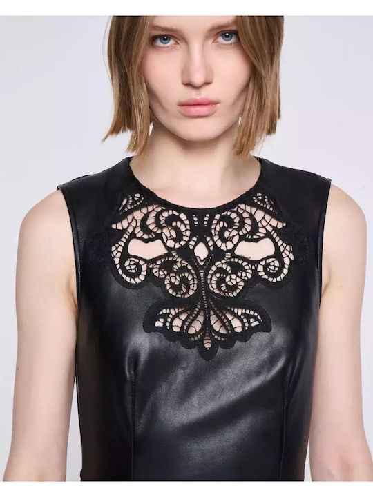 Mini Evening Dress Leather with Lace Black