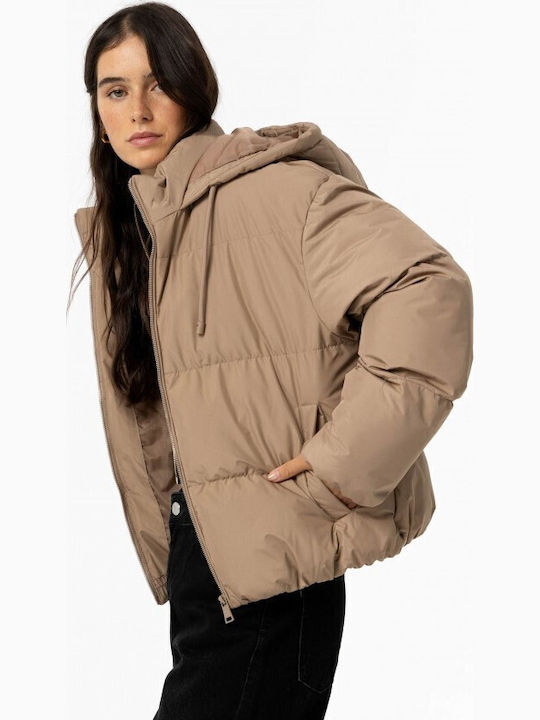 Women's Short Puffer Jacket for Winter Beige