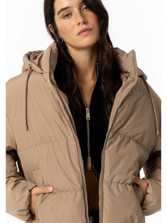 Women's Short Puffer Jacket for Winter Beige