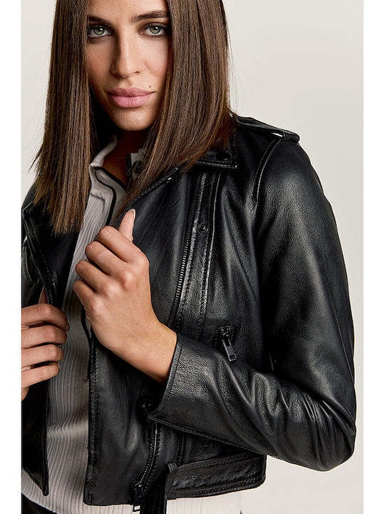 Women's Short Lifestyle Leather Jacket for Winter Black