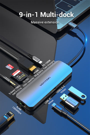 Vention USB 3.2 Hub 10 Ports with USB-C USB-A Ethernet Connection Silver