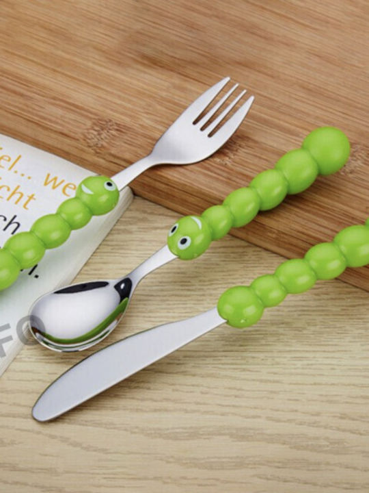 Cute Puff Kids Cutlery Set 3 Pieces Stainless Steel Green