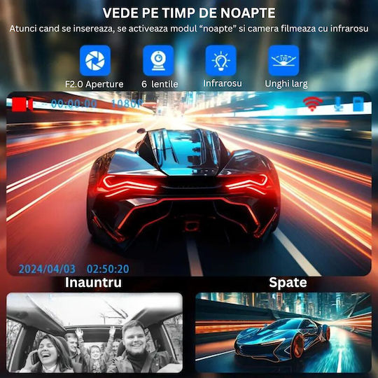 Full Hd 1080p Dashboard Triple Camera Visionhub Wifi Adjustable G-sensor Mobile App Night Vision Loop Recording 170° Wide Angle 2.0 Inch Ips Screen Dvr Front Camera