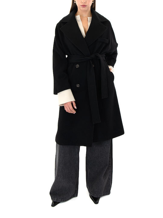 MY T Women's Wool Long Coat with Buttons Black (Black)