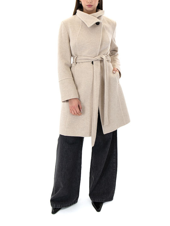 MY T Women's Wool Long Coat with Belt Μπεζ (vanilla)