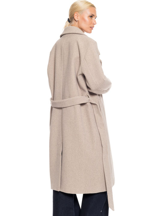 Wool Women's Beige Coat with Belt