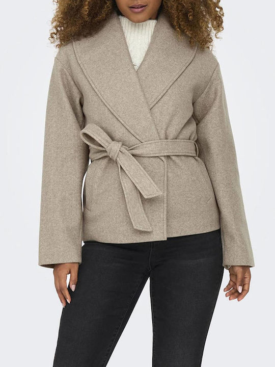 Only Women's Short Half Coat with Belt Gray