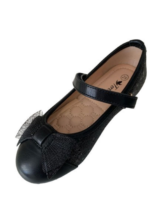 Kids Leather Ballerinas with Hoop & Loop Closure Black