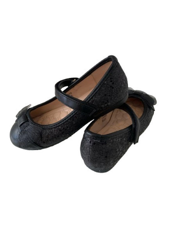 Kids Leather Ballerinas with Hoop & Loop Closure Black