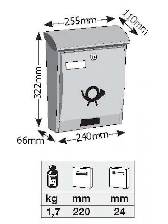 Viometal LTD Limoges 309 Outdoor Mailbox Metallic in Silver Color 24x7x32cm 0297