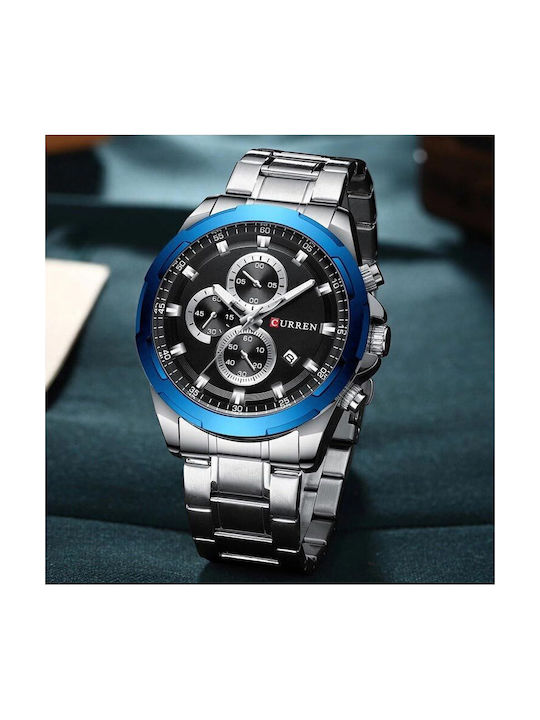 Curren Ανδρικό Ρολόι 47mm Χρονογράφος Μπαταρίας με Ασημί Μεταλλικό Μπρασελέ