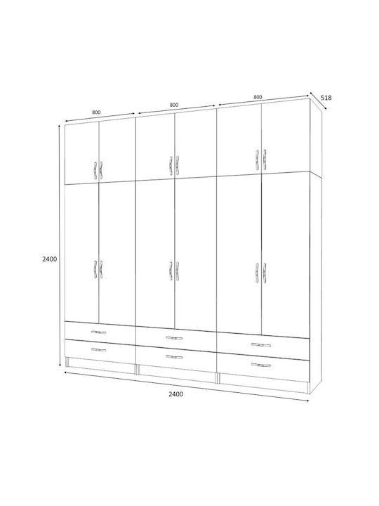 Ricardo Εξάφυλλη Ντουλάπα με Πατάρι Ανθρακί 240x51.8x240cm