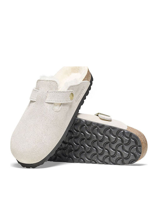 Boston Shearling Suede Χειμερινές Γυναικείες Παντόφλες με Γούνα Λευκές Narrow Fit