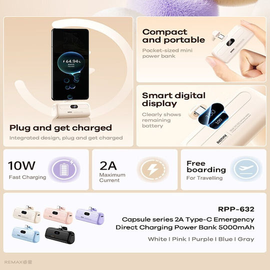 Remax RPP-632 Power Bank 5000mAh Μωβ