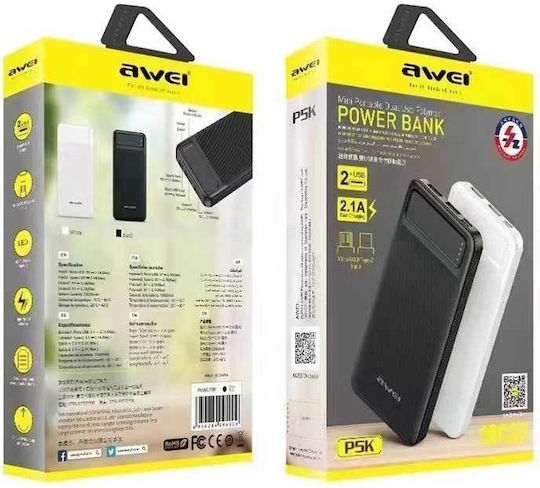 Awei P5K Power Bank 10000mAh με 2 Θύρες USB-A Λευκό